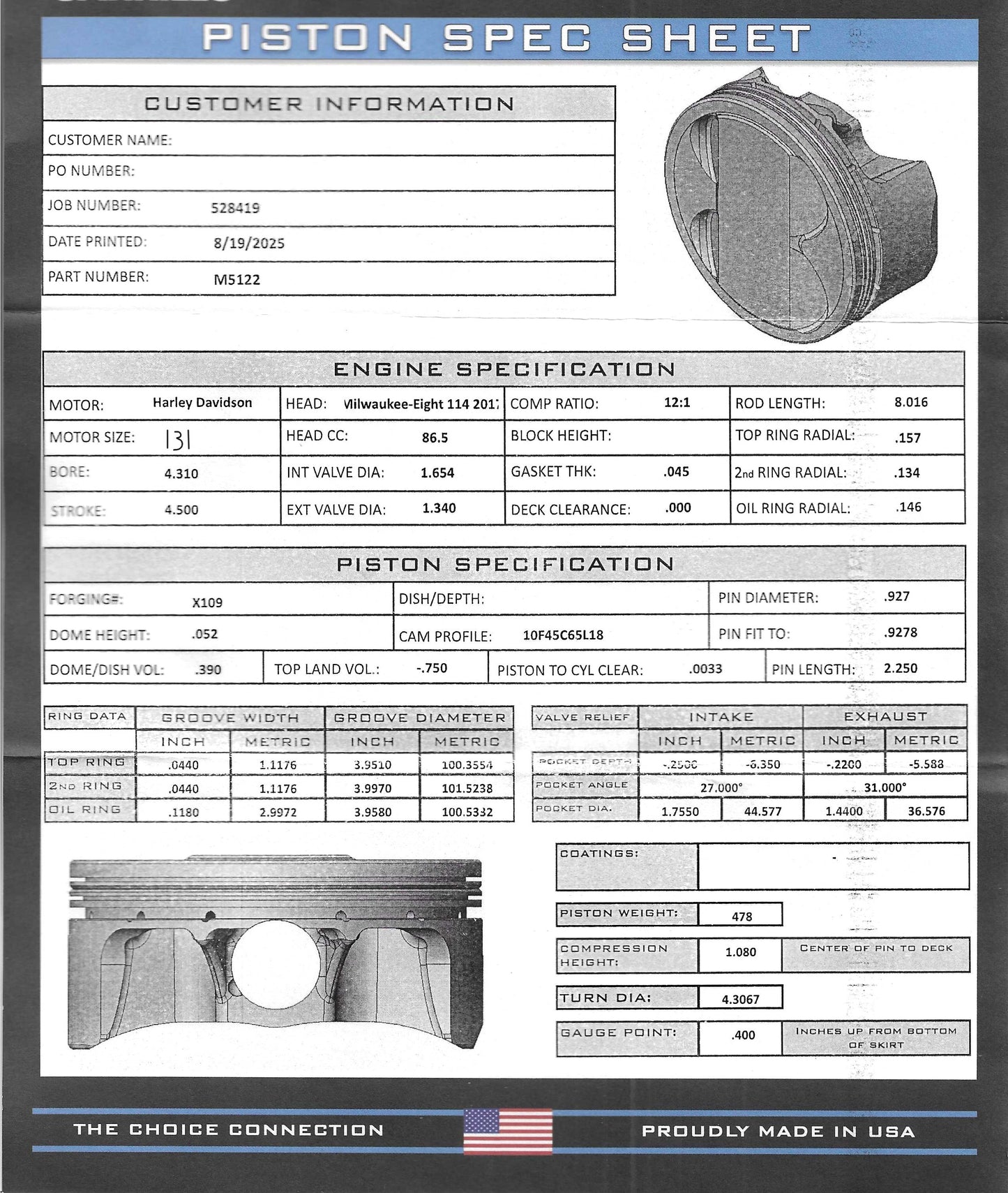 CP-Carrillo M5122 Piston Set (M8 - 131ci - 4.310" Bore)