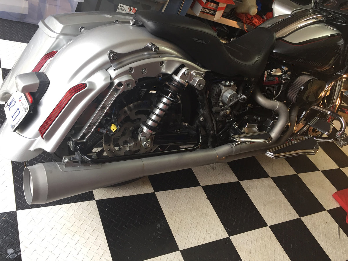 Burns Stainless NhB Exhaust M8 Baggers - Welded to Heads (Ward Heads), Extended Megaphone Muffler, Heat Shield and Black Ceramic Coat