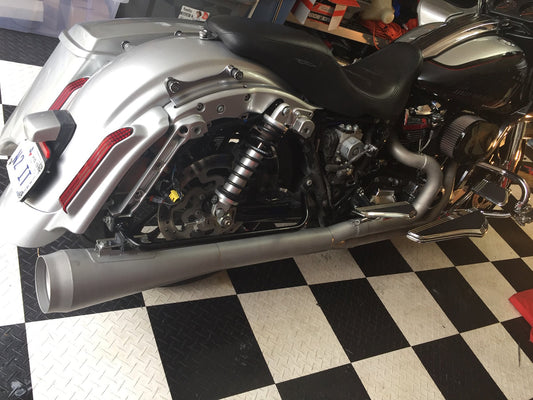 Burns Stainless NhB Exhaust M8 Baggers - Welded to Heads (Ward Heads), Extended Megaphone Muffler, Heat Shield and Black Ceramic Coat