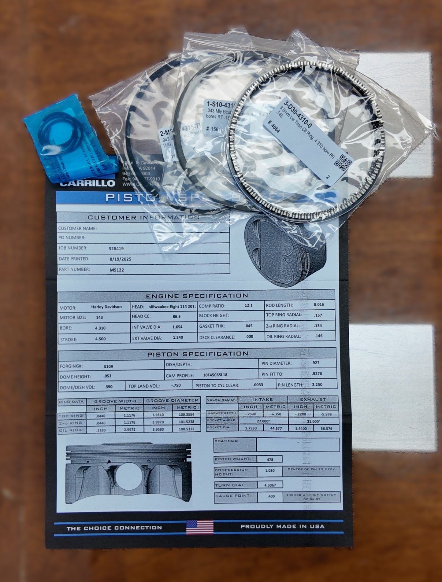 CP-Carrillo M5122 Piston Set (M8 - 131ci - 4.310" Bore)